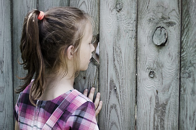 Zvídavá dívka se dívá přes plot.